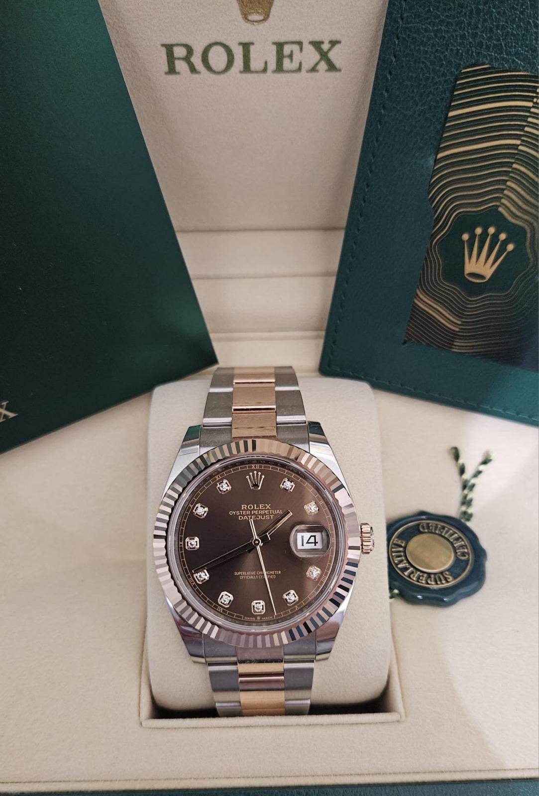 ROLEX DATEJUST 41, OYSTER, 41 MM, OYSTERSTEEL AND EVEROSE GOLD, DIAMOND CHOCOLATE DIAL, OYSTER BRACELET, REF 126331