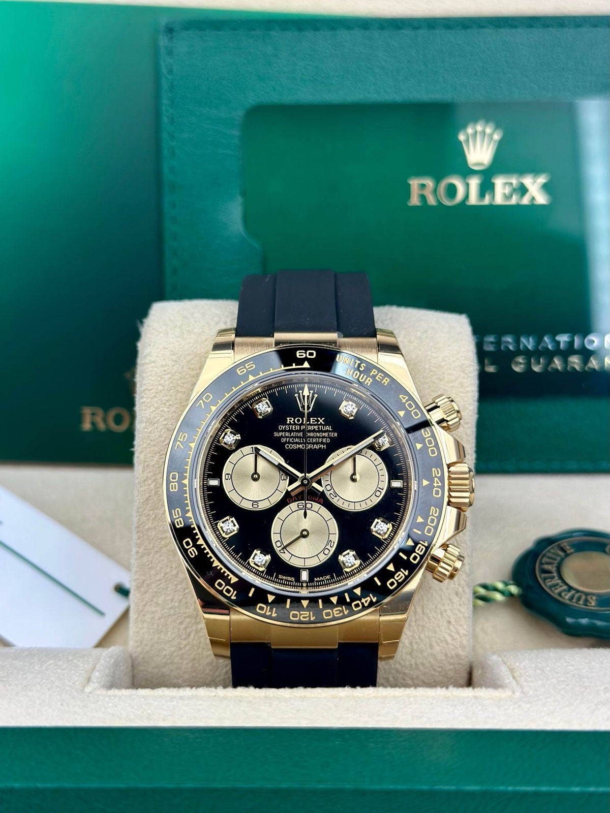 ROLEX DAYTONA COSMOGRAPH YELLOW GOLD, BLACK DIAMOND DIAL, OYSTERFLEX, 126518LN