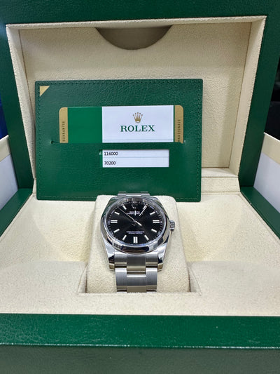 ROLEX OYSTER PERPETUAL 36, BLACK DIAL OYSTER BAND 116000 PREOWNED