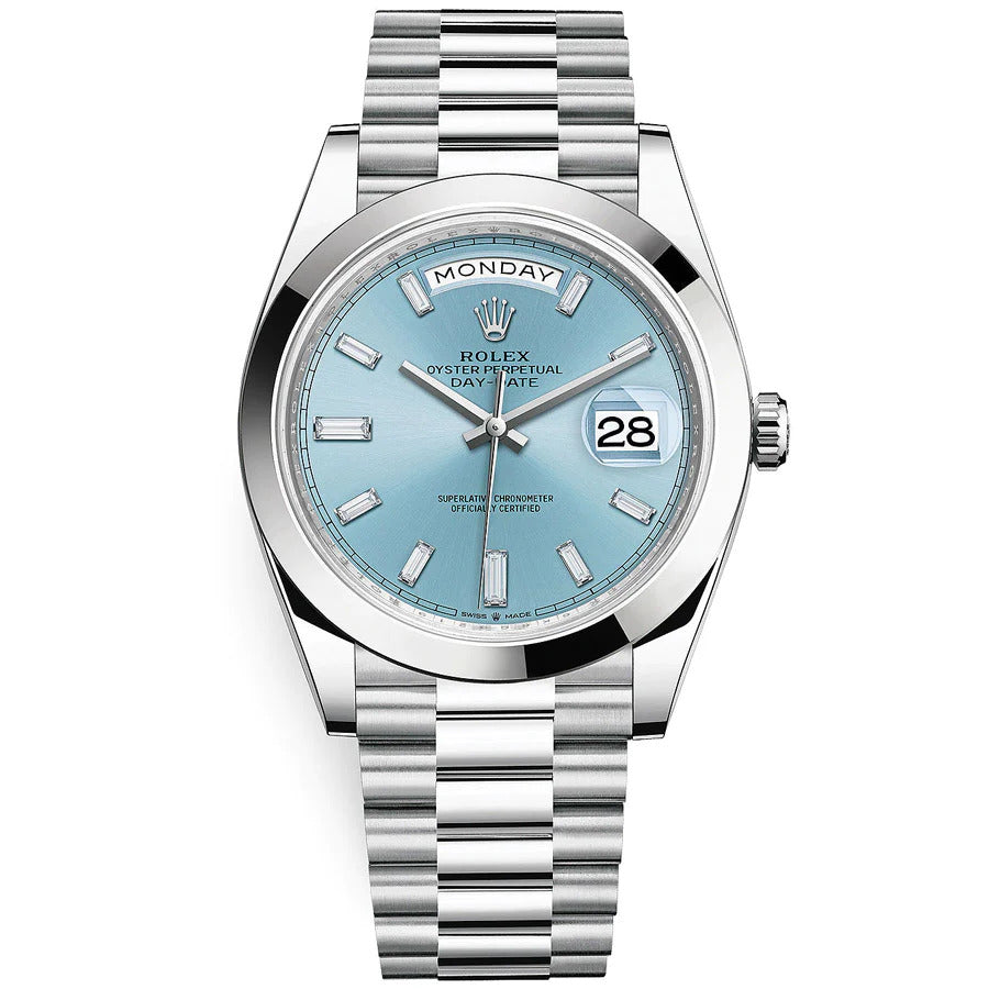 Rolex Day-Date 40 Platinum Presidential, Smooth bezel, Baguette Diamond ice-blue Dial, 228206