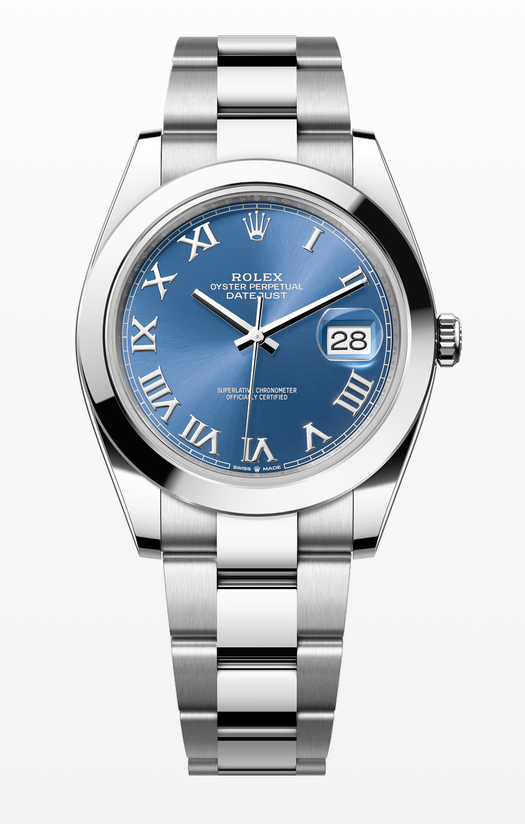 Rolex Datejust 41, Oyster Bracelet, Azzurro Blue Dial, Smooth Bezel 126300