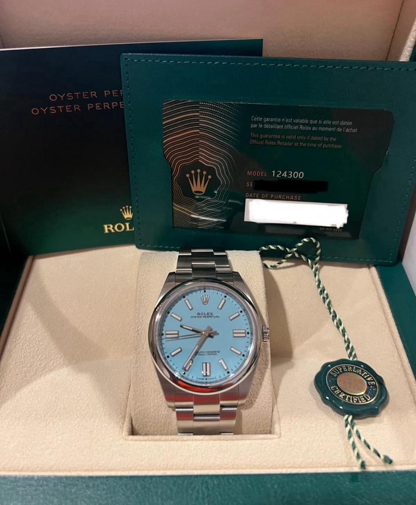Rolex Oyster perpetual 41, Oystersteel, Turquoise Blue Dial, 124300