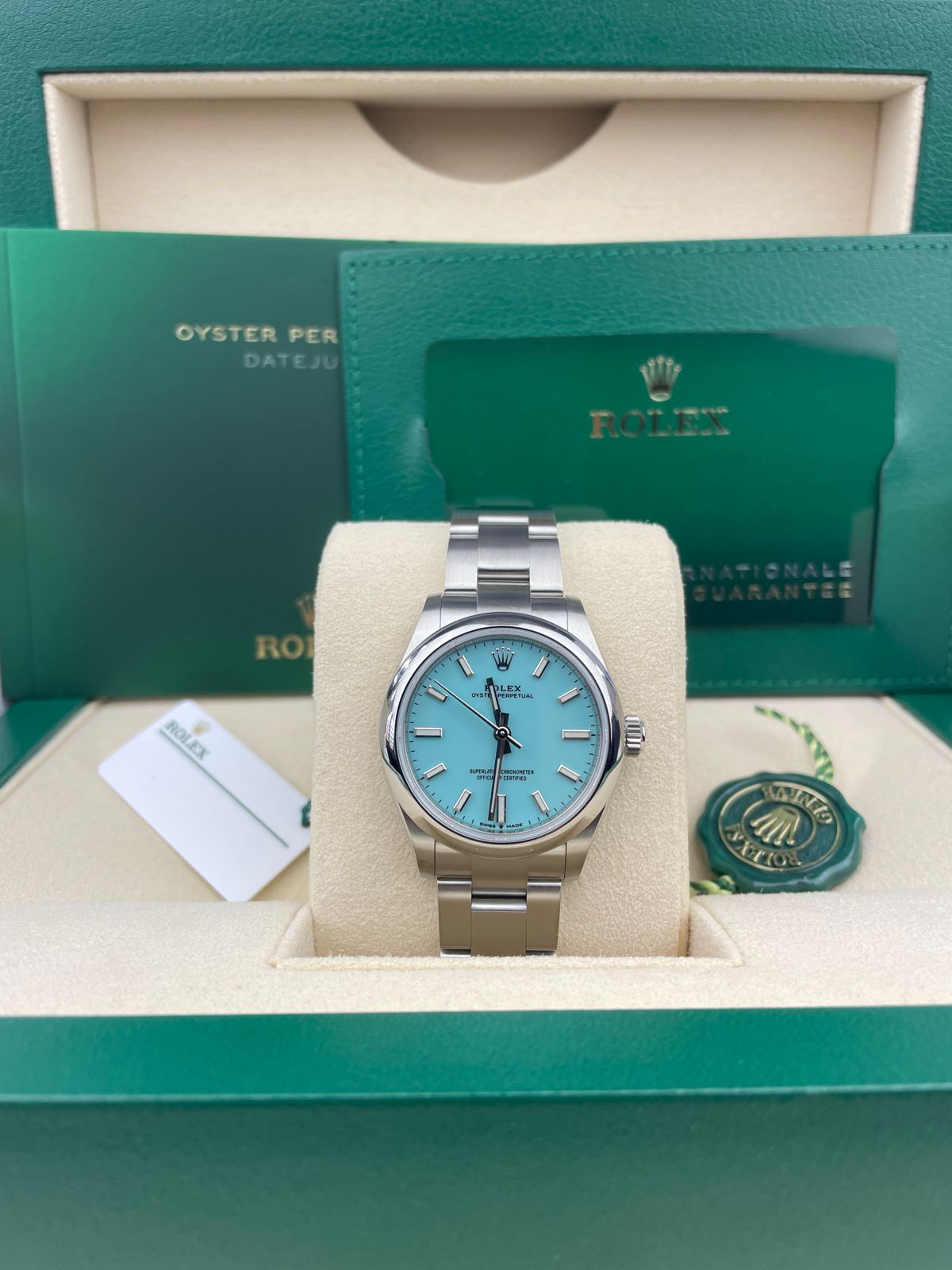 Rolex Oyster perpetual 31, Oyster, 31 mm, Oystersteel, turquoise blue dial, Oyster bracelet, ref 277200