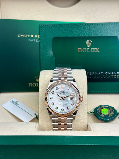 Rolex  Datejust 36, Oyster, 36 mm, Oystersteel and Everose gold features,  White mother-of-pearl diamond-set dial, jubilee bracelet, 126231