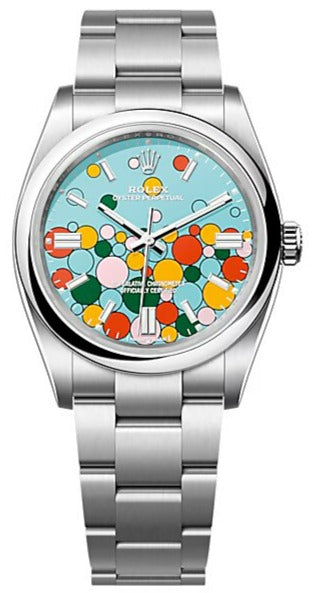 Rolex Oyster Perpetual 36, Oyster bracelet, 36 mm, Oystersteel, Turquoise Blue celebration-motif Dial, 126000