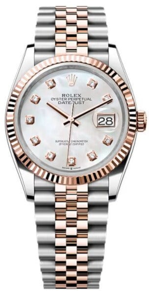 Rolex  Datejust 36, Oyster, 36 mm, Oystersteel and Everose gold features,  White mother-of-pearl diamond-set dial, jubilee bracelet, 126231