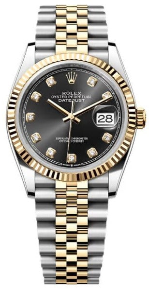 Rolex  Datejust 36, Oyster, 36 mm, Oystersteel and yellow gold,  Bright black diamond-set dial, jubilee bracelet,  126233