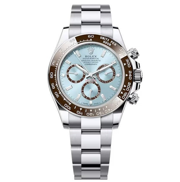 Rolex Cosmograph daytona, Oysterm 40mm, platinum, Ice-blue Diamond dial, oyster bracelet, chestnut brown cerachrom bezel, 126506
