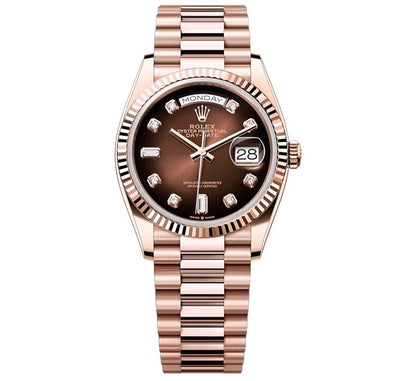 Rolex Day-Date 36, Oyster, 36mm, Everose gold, Brown ombre Diamond-set dial, Fluted bezel and president bracelet, 128235