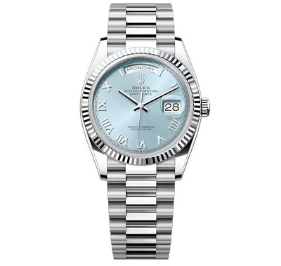 Rolex Day-Date 36, Oyster, 36mm, Platinum, Ice-blue Roman dial, Fluted bezel and president bracelet, 128236