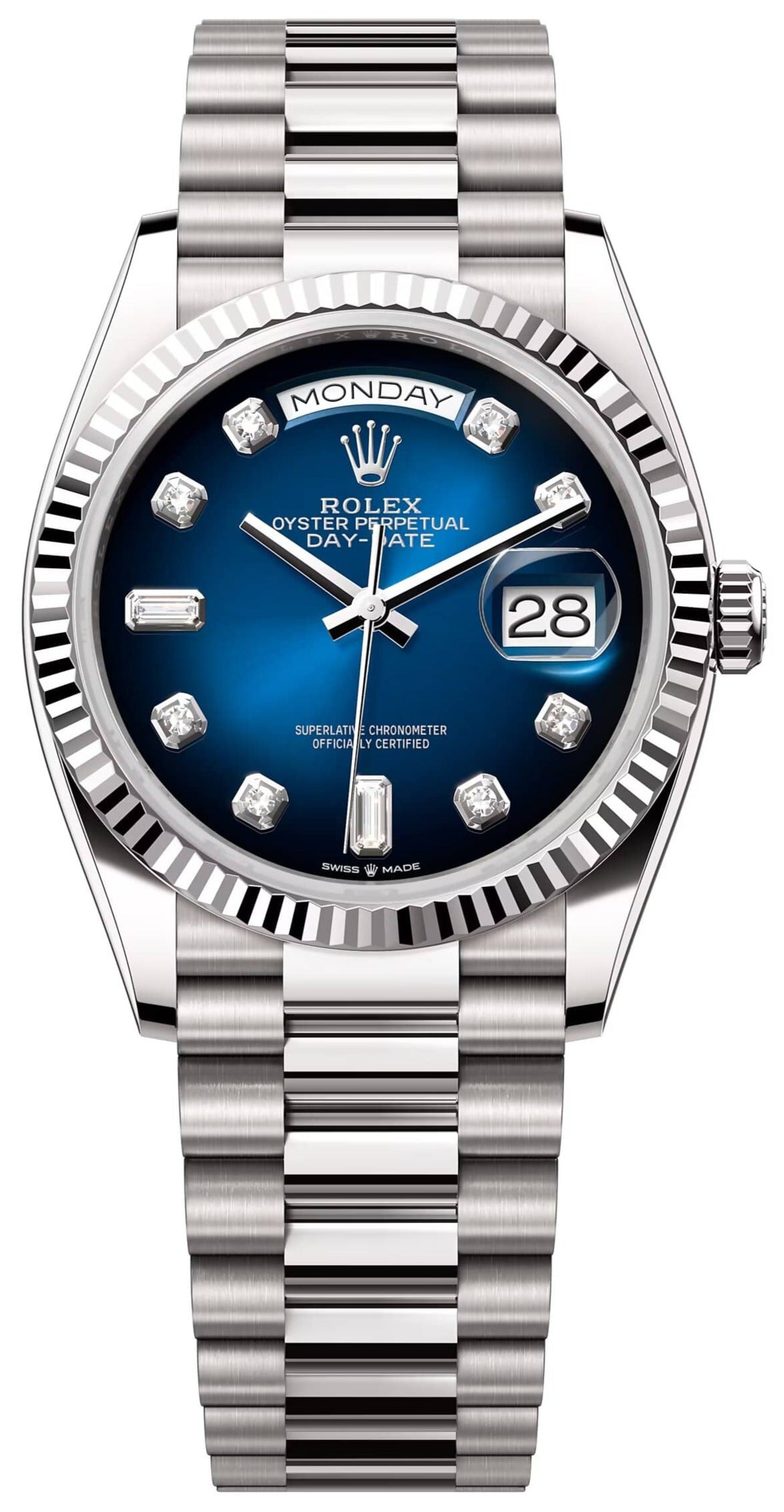 Rolex Day-Date 36, Oyster, 36 mm, 18kt white gold, blue ombré diamont-set dial, president bracelet, 128239
