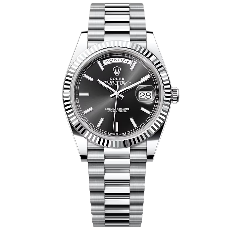 Rolex Day-Date 40, Oyster, 40mm, Platinium, Black dial, Fluted bezel, President Bracelet, ref 228236