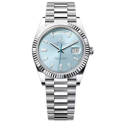 Rolex Day-Date 40, Oyster, 40 mm, Platinium, Ice-blue, Diamond-set dial, Fluted bezel and president bracelet, 228236