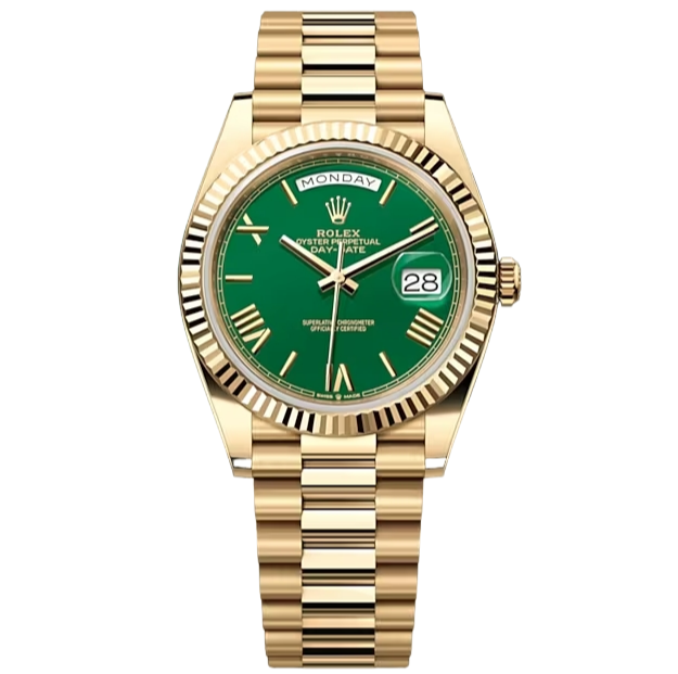Rolex Day-Date 40, Oyster, 40 mm, 18kt Yellow Gold, Green dial, Fluted bezel and president bracelet, 228238
