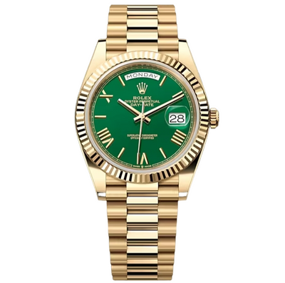 Rolex Day-Date 40, Oyster, 40 mm, 18kt Yellow Gold, Green dial, Fluted bezel and president bracelet, 228238