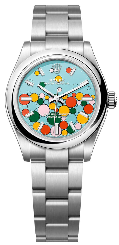 Rolex Oyster perpetual 31, Oyster, 31 mm, Oystersteel, Turquoise blue celebration-motif dial, Oyster bracelet, ref 277200