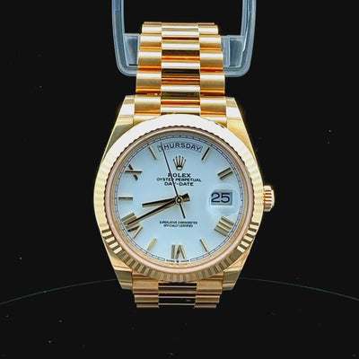 ROLEX DAY-DATE 40 YELLOW GOLD WHITE ROMAN DIAL & FLUTED BEZEL PRESIDENT BRACELET 228238 PREOWNED