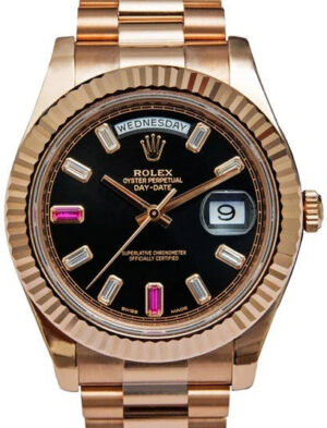 Rolex Day-Date II Rose Gold 41mm Ruby Diamond Baguette Dial Fluted Bezel President Bracelet 218235