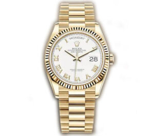 ROLEX DAY-DATE 36 YELLOW GOLD WHITE ROMAN DIAL & FLUTED BEZEL PRESIDENT BRACELET