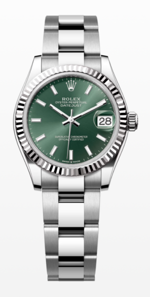 ROLEX DATEJUST 31 WHITE GOLD/STEEL MINT GREEN INDEX DIAL & FLUTED BEZEL OYSTER BRACELET NEW 278274