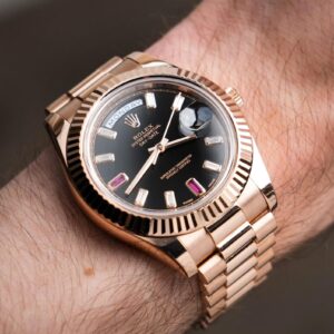 Rolex Day-Date II Rose Gold 41mm Ruby Diamond Baguette Dial Fluted Bezel President Bracelet 218235 - Image 3