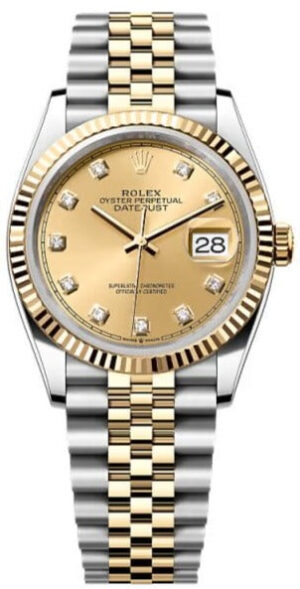 Rolex  Datejust 36, Oyster, 36 mm, Oystersteel and yellow gold,  Champagne colour diamond-set dial, jubilee bracelet, 126233