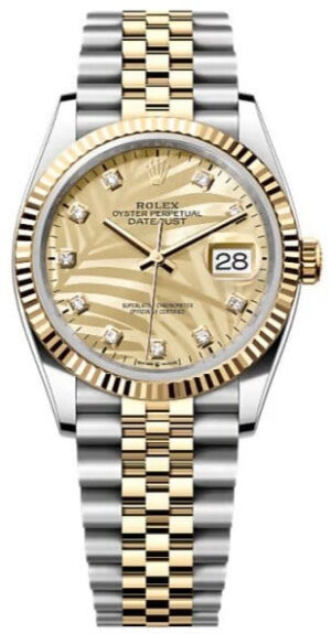 Rolex  Datejust 36, Oyster, 36 mm, Oystersteel and yellow gold,  Golden palm-motif diamond-set dial, jubilee bracelet, 126233