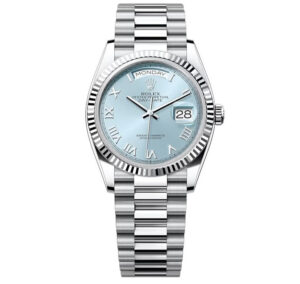 Rolex Day-Date 36, Oyster, 36mm, Platinum, Ice-blue Roman dial, Fluted bezel and president bracelet, 128236