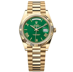 Rolex Day-Date 40, Oyster, 40 mm, 18kt Yellow Gold, Green dial, Fluted bezel and president bracelet, 228238