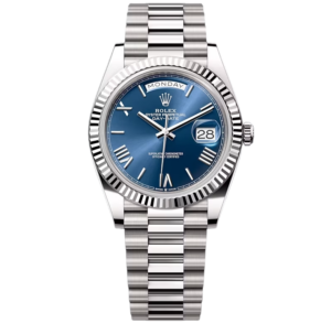 Rolex Day-Date 40, Oyster, 40mm, White Gold, Blue Roman dial, Fluted bezel, President Bracelet, ref 228239