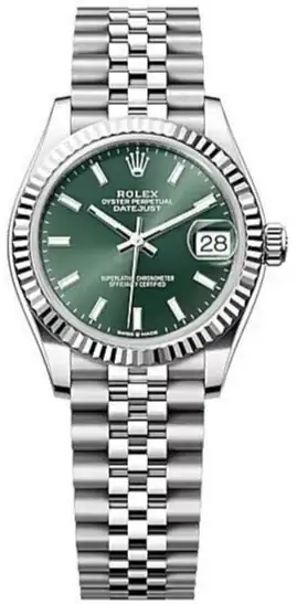 ROLEX DATEJUST 31 WHITE GOLD/STEEL MINT GREEN INDEX DIAL & FLUTED BEZEL JUBILEE BRACELET NEW 278274