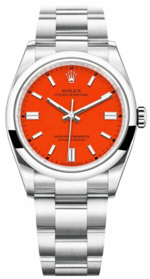 Rolex Oyster Perpetual 36, Oyster bracelet, 36 mm, Oystersteel, Coral Red Dial, 126000